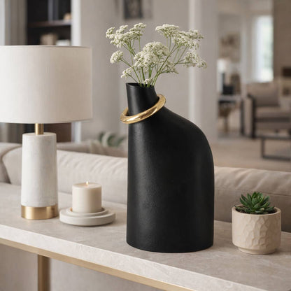 Decorative Vase - Black Ceramic Sculptural Ring, 18 in.