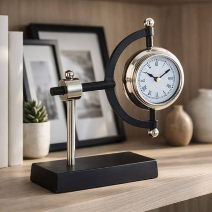 Desk Clock - Silver Metal Clock Rotating Design, 7 in.