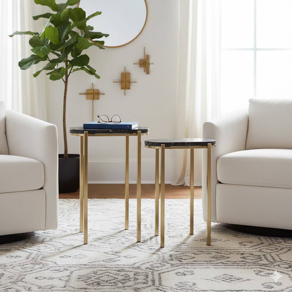 Side Table Set of 2 - Black Quartz Top Nesting, 22/24 in.