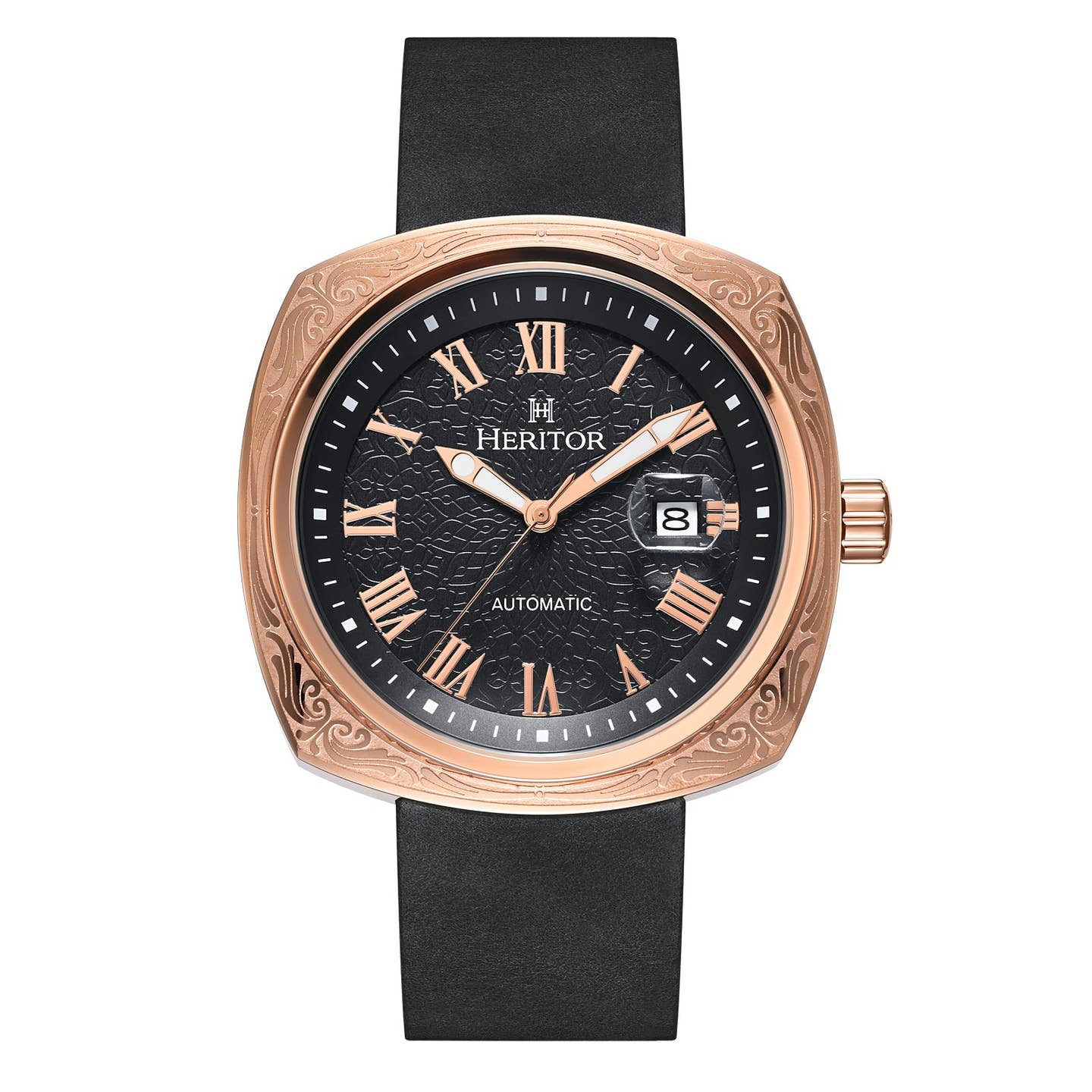 Heritor Davenport Men's Automatic Engraved-Case Leather Watch, Style HERHS3205
