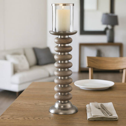 Candle Holder - Tan Pillar with Wood Ring Base, 20 in.