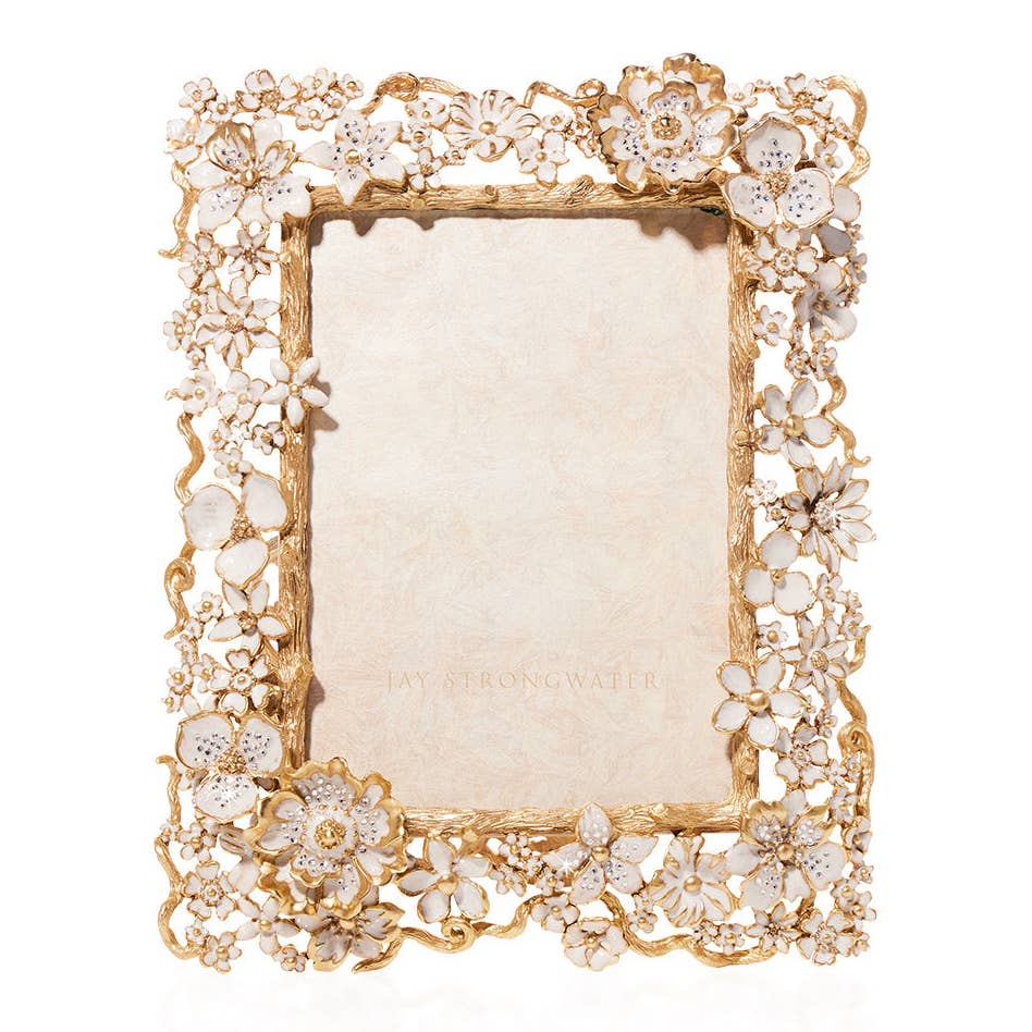 Jay Strongwater Ophelia 5" x 7" Enamel Gold-Finished Picture Frame, White Opal