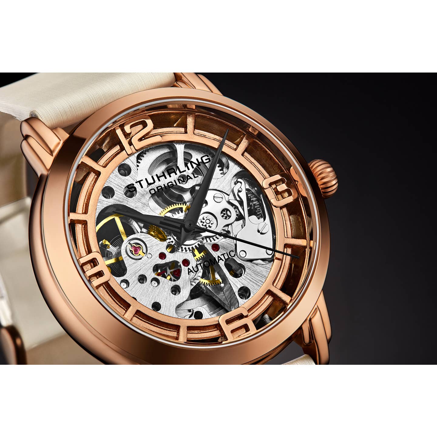 Stuhrling Original Winchester 3982 Women's Automatic Watch, 40mm, Silver Dial, White Leather Strap, Skeleton Dial