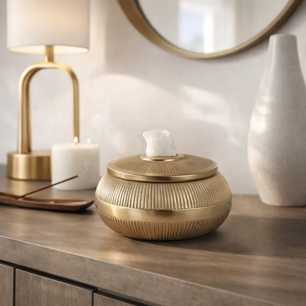 Decorative Box - Gold Metal Round with Stone On Lid, 7 in.