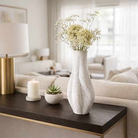 Decorative Vase - White Porcelain 3D Printed Curved, 16 in.