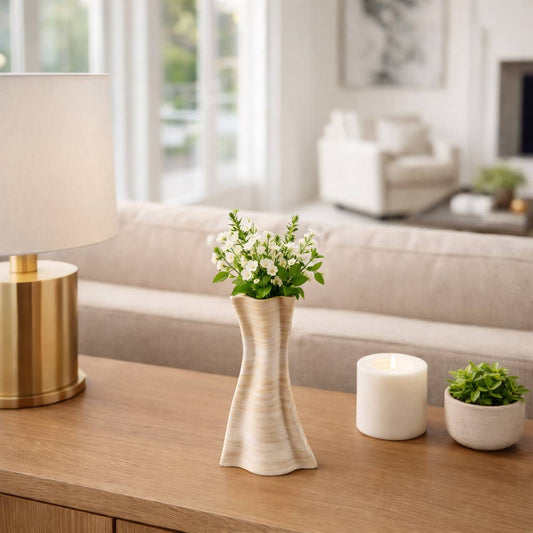 Decorative Vase - Tan Porcelain 3D Printed Textured, 12 in.