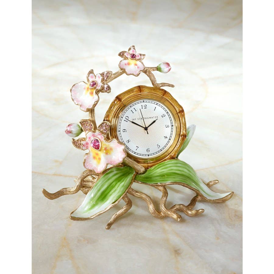 Jay Strongwater Tara Orchid Swarovski Crystal Enamel Gold-Finished Table Clock, Flora
