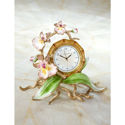 Jay Strongwater Tara Orchid Swarovski Crystal Enamel Gold-Finished Table Clock, Flora