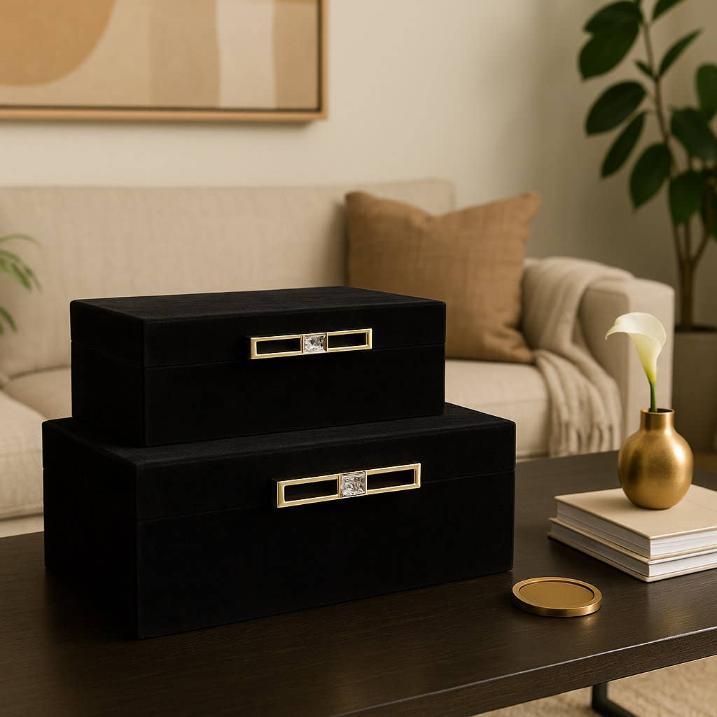 Boxes Set of 2 - Black Suede Wood Lid with Handle, 12/14 in.