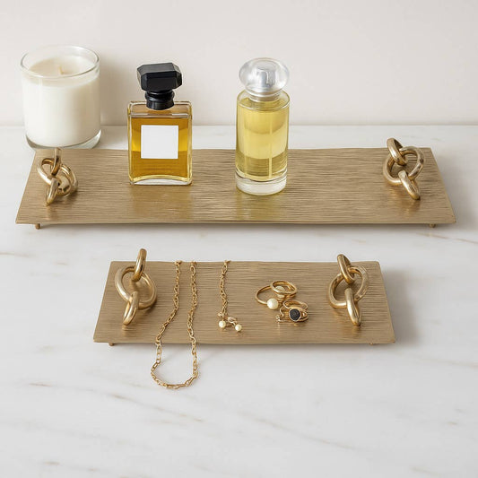 Decorative Tray Set of 2 - Gold Metal Link Handle, 21/14 in.