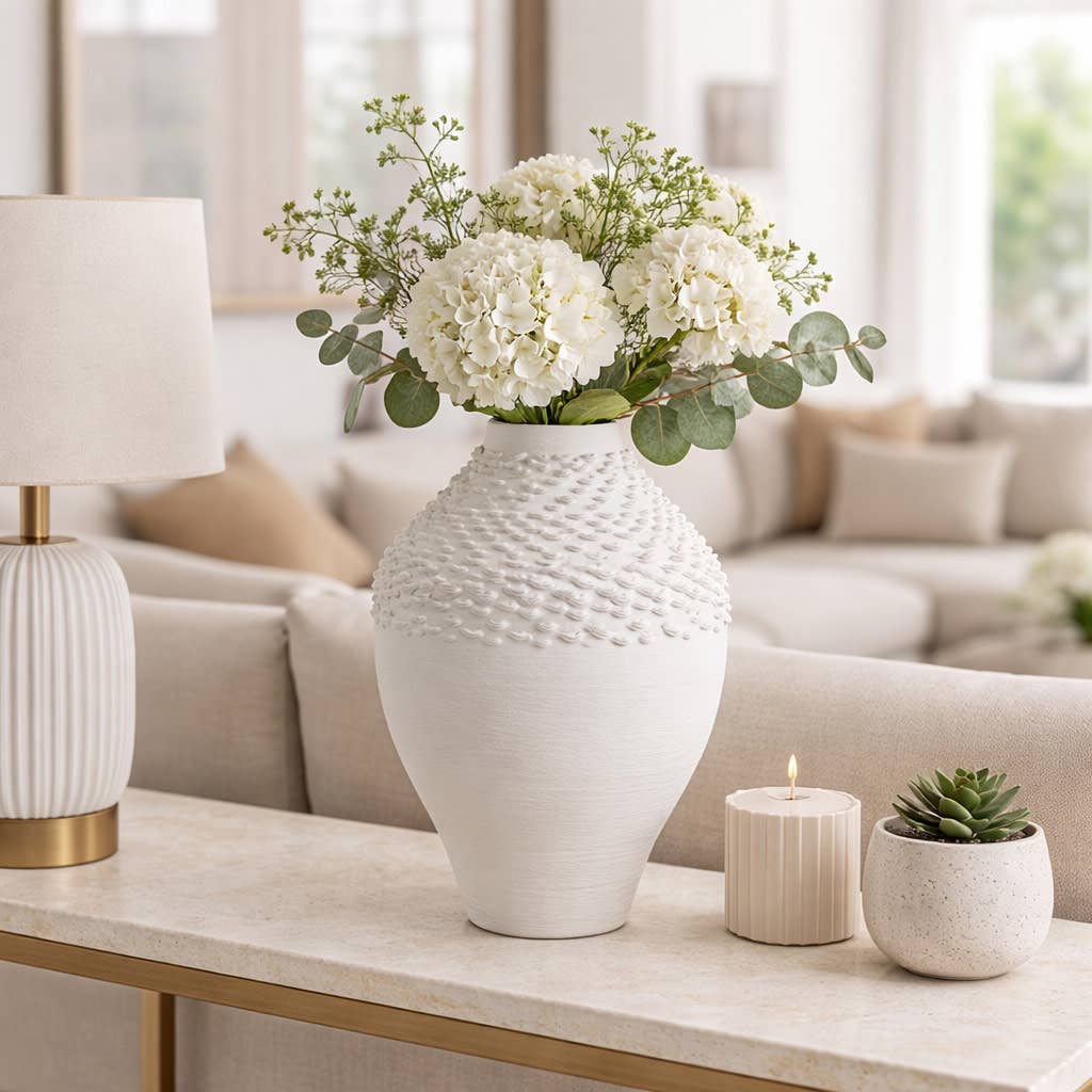 Decorative Vase - White Porcelain Oversized Textured, 13 in.