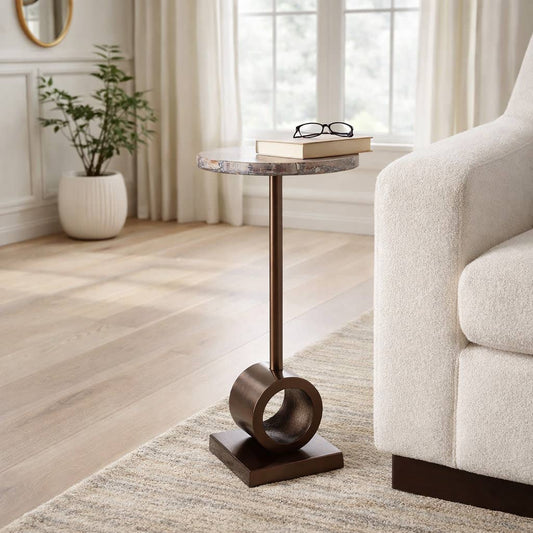 Side Table - Brown and Beige Petrified Wood Round Top, 24 in