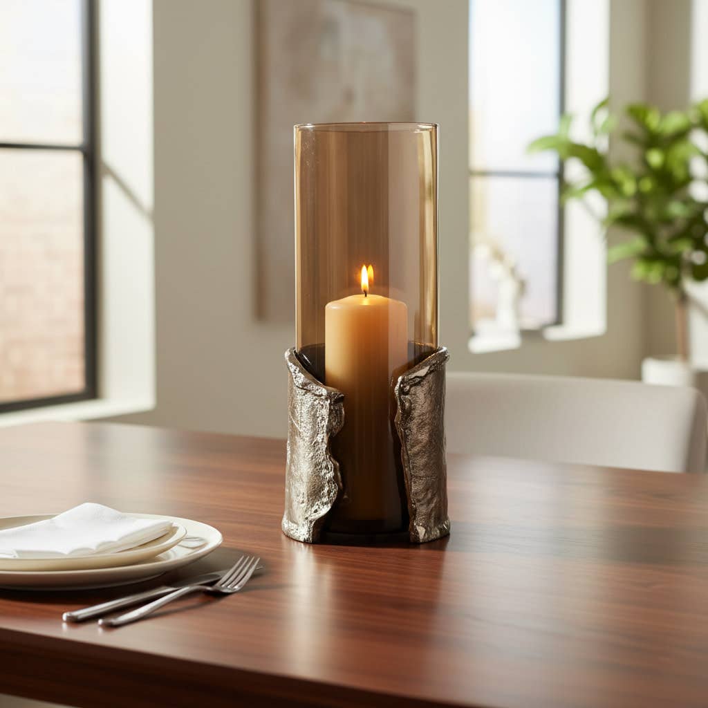 Candle Holder - Brown Glass with Metal Wraparound, 15 in.