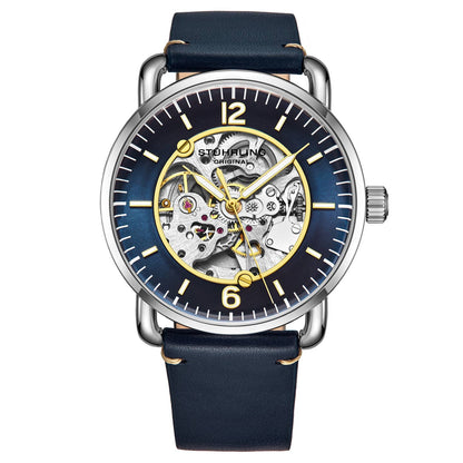 Stuhrling Original Mantra 3972 Men's Automatic Skeleton Watch, 42mm, Blue Dial, Silver Bezel