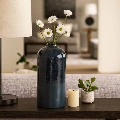 Decorative Vase - Blue Ceramic Gloss Cylinder, 14 in.