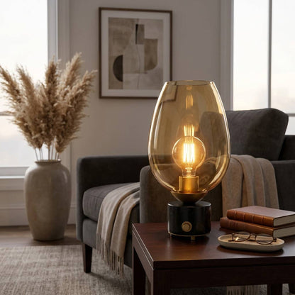 Table Lamp - Gold Glass Shade and Marble Base, 16 in.