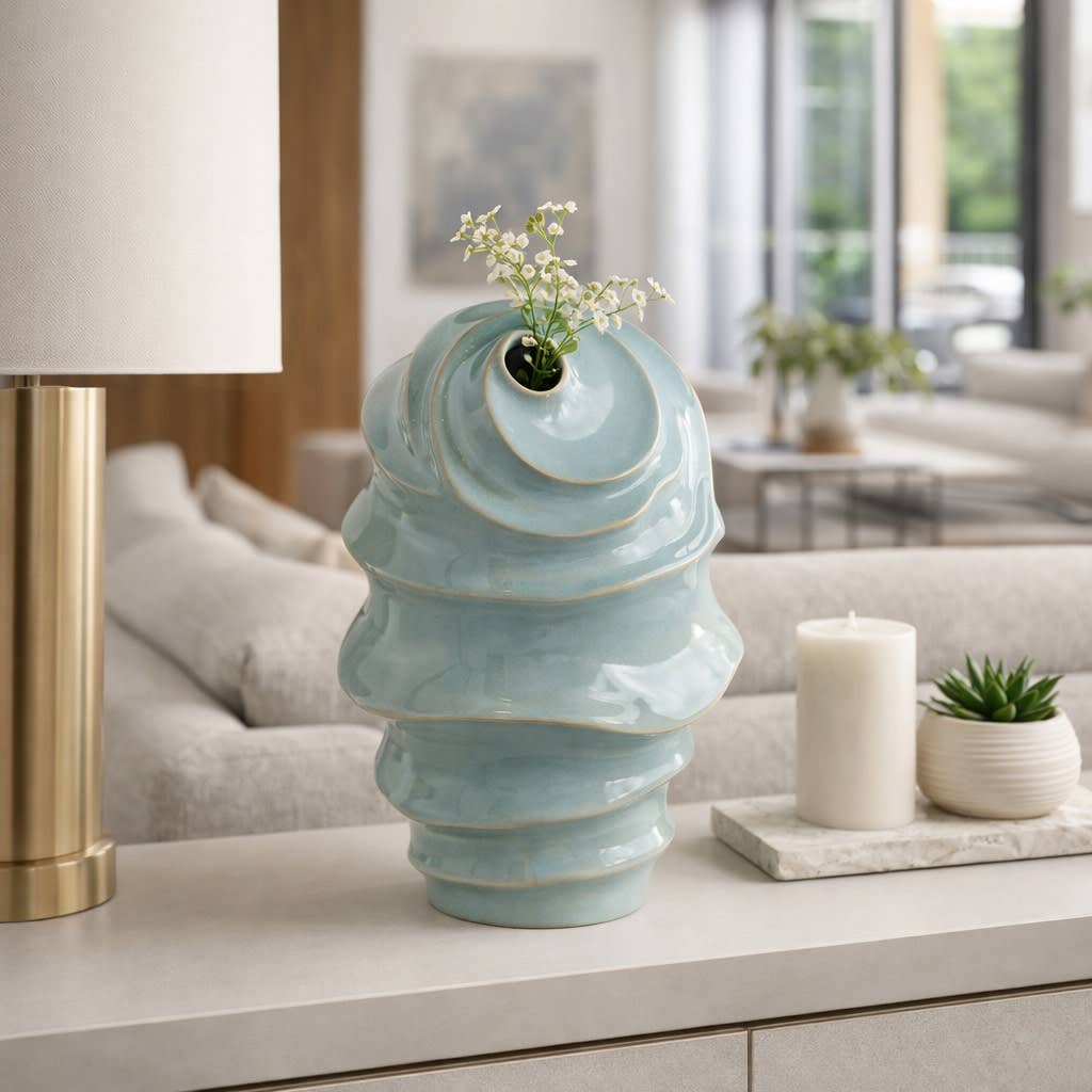 Decorative Vase - Blue Ceramic Coastal Spiral Textured, 14in