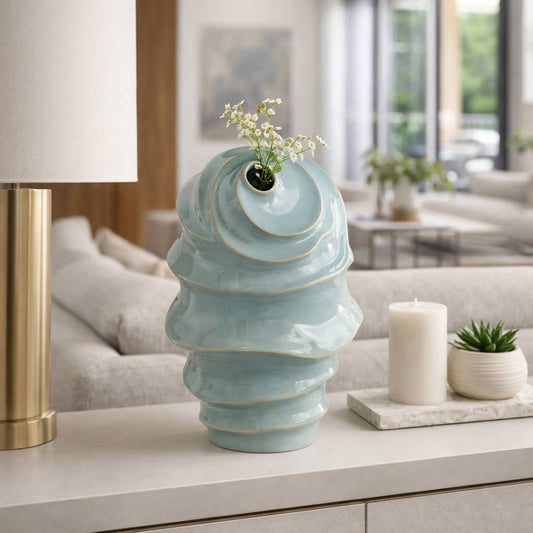 Decorative Vase - Blue Ceramic Coastal Spiral Textured, 14in