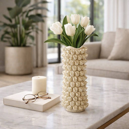 Decorative Vase - Beige Ceramic Floral Design, 13 in.