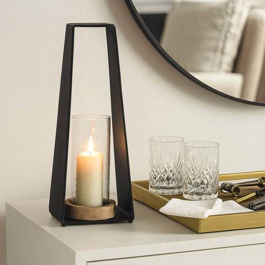 Candle Holder - Black Metal Glass Pillar Hurricane, 21 in.