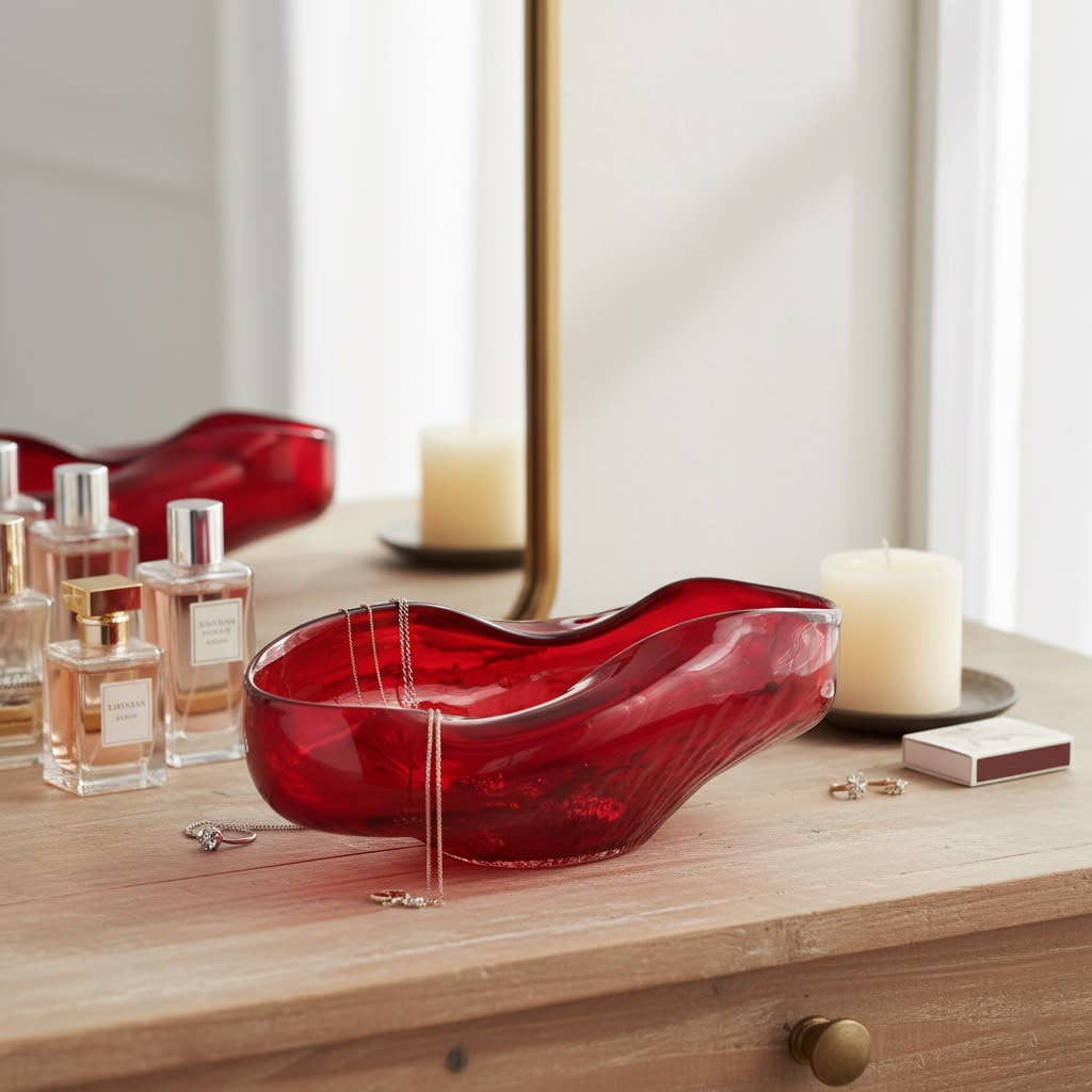 Decorative Bowl - Red Glass Oval Vibrant Centerpiece, 15 in.