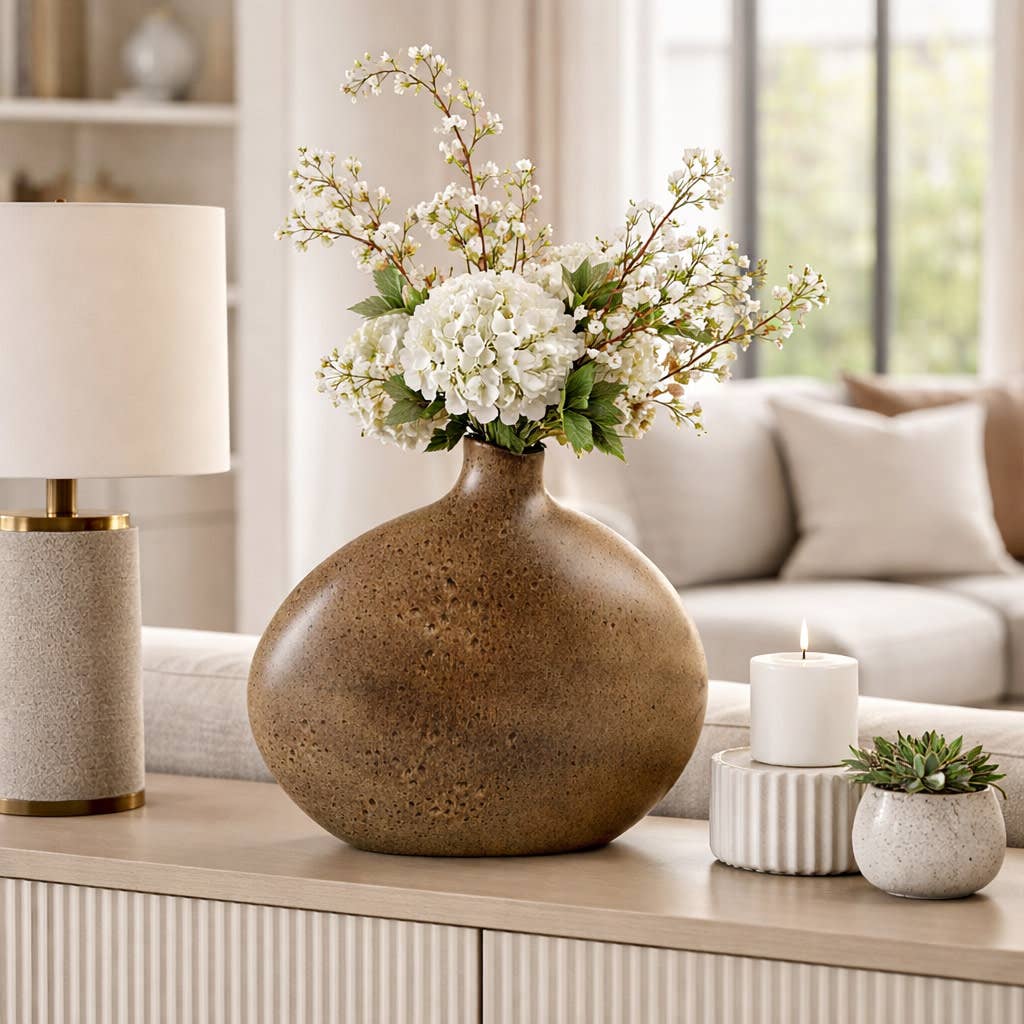 Decorative Vase - Brown Ceramic Oval Organic Shape, 13 in.