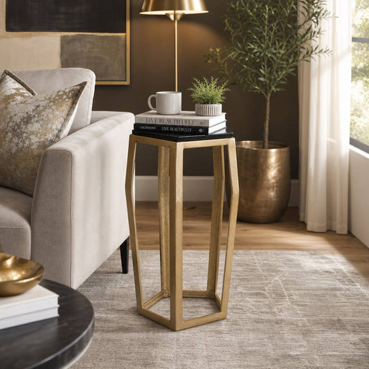 Side Table - Black Glass Top with Gold Metal Base, 26 in.