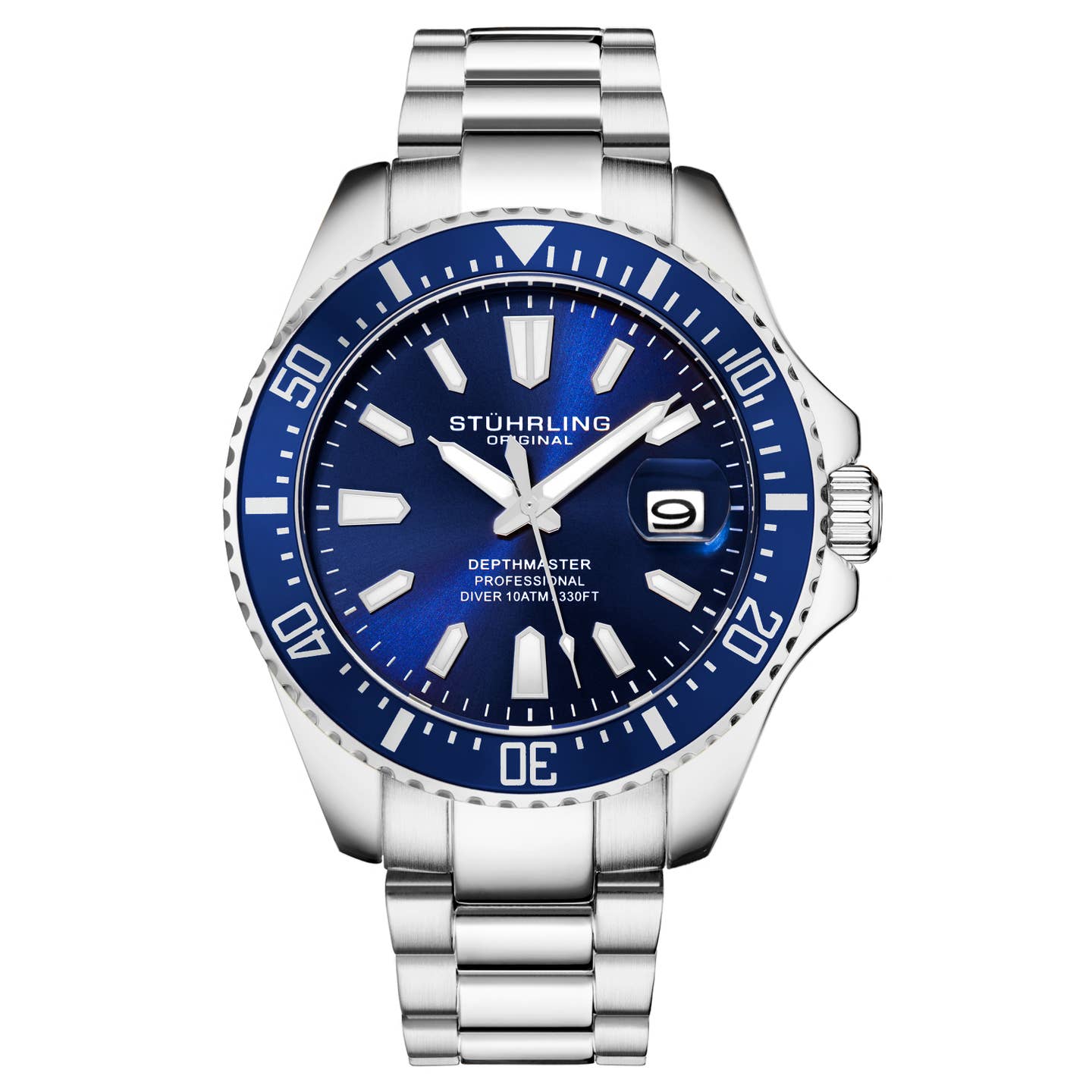 Stuhrling Original Depthmaster 3950A Men's Quartz Diver Watch, Blue Dial, Stainless Steel Bracelet
