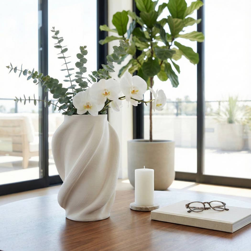 Decorative Vase - White Ceramic 3D Printed Textured, 15 in.