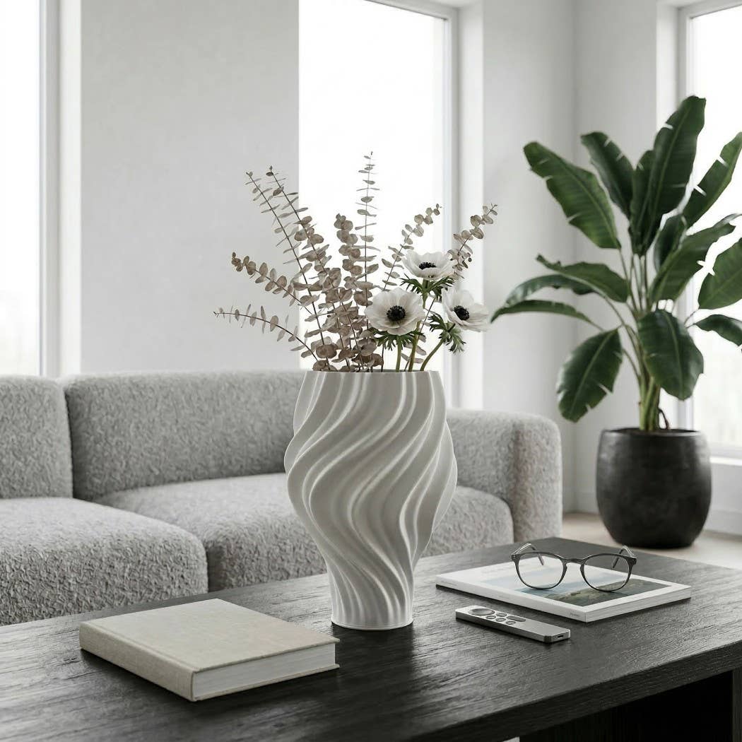 Decorative Vase - White Ceramic Modern Sculptural, 14 in.