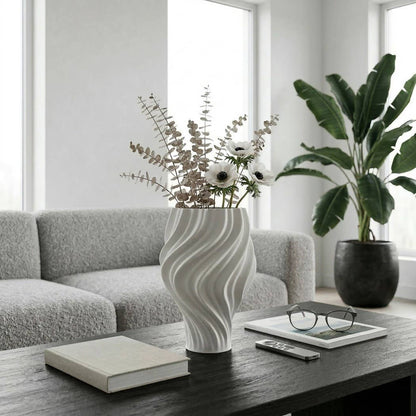 Decorative Vase - White Ceramic Modern Sculptural, 14 in.