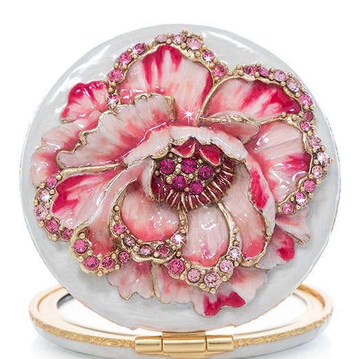 Jay Strongwater Mae Peony Compact Mirror, Swarovski Crystal Enamel Gold-Finished