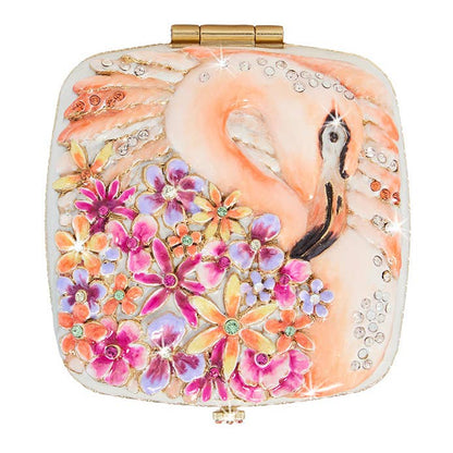 Jay Strongwater Lily Floral Flamingo Compact Mirror, Crystal Enamel Gold-Finished