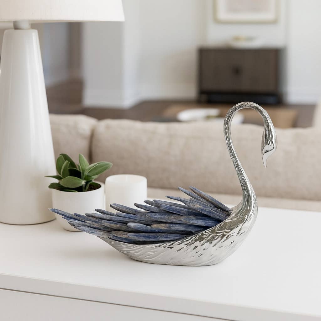 Decorative Object - Blue Metal Swan with Kyanite Stone, 6 in