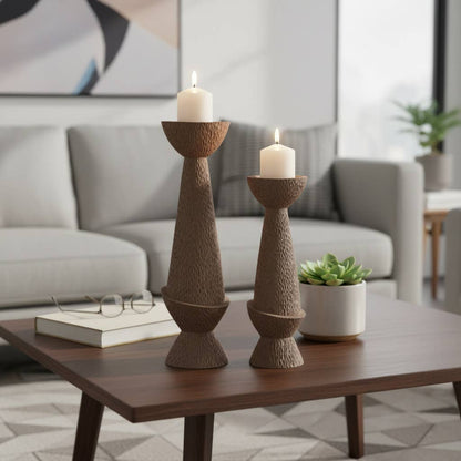 Candle Holder Set of 2 - Tan Resin Textured Pillar, 16/20 in