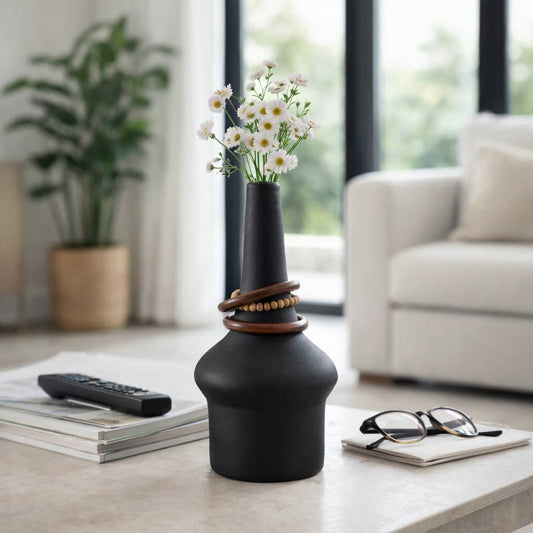 Decorative Vase - Black Metal Wood Bead Rings, 18 in.