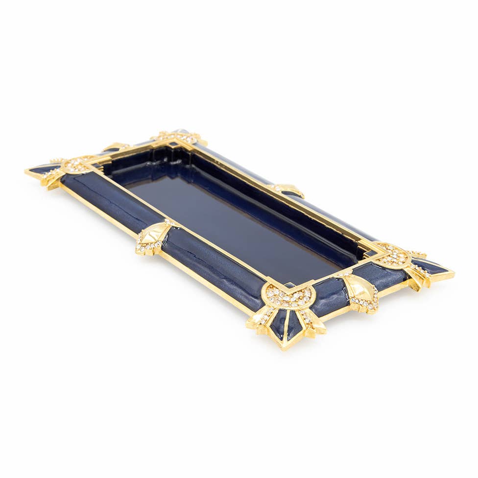 Jay Strongwater Charles Art Deco Crystal Enamel Gold-Finished Decorative Tray, Delft Garden