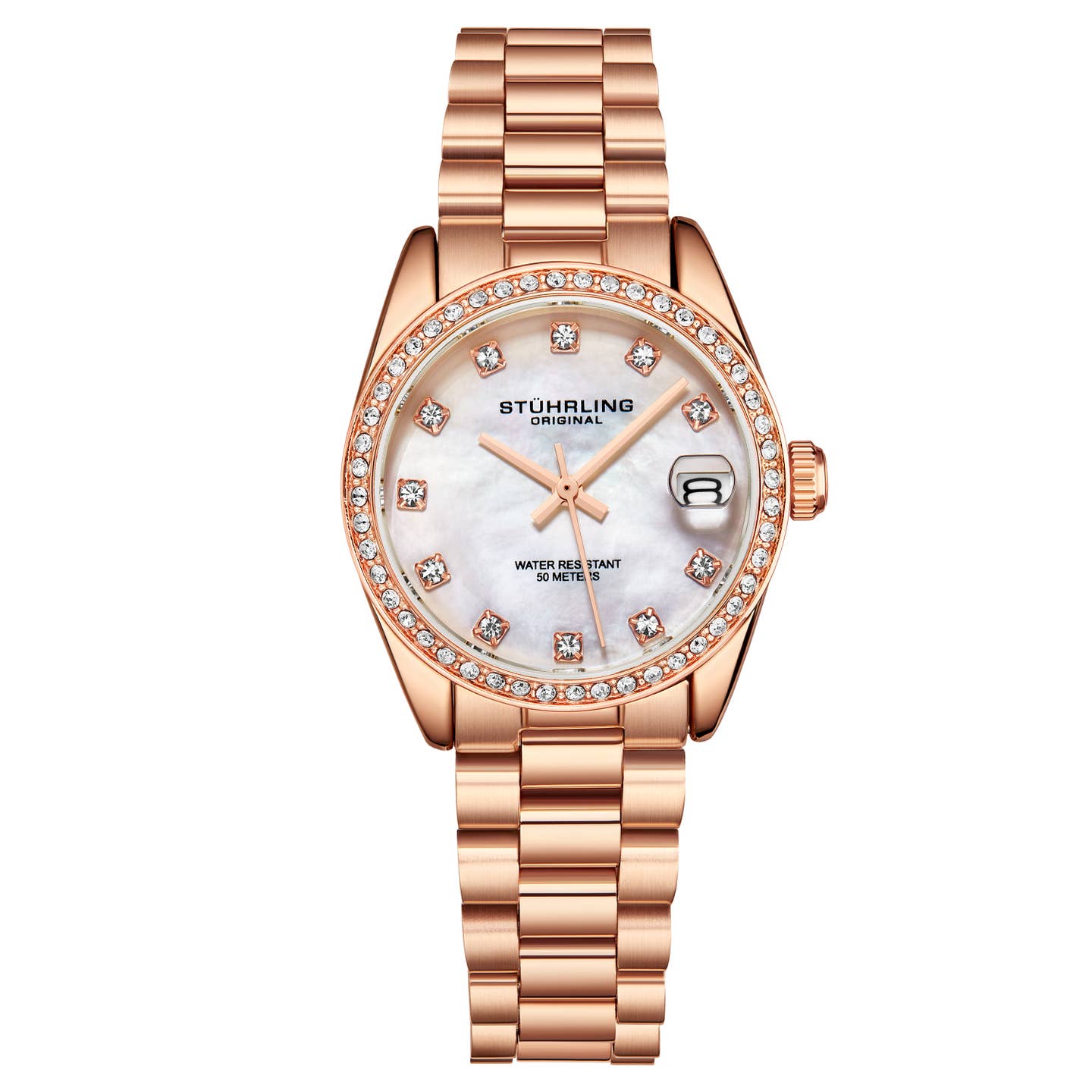 Stuhrling Original Lineage Women's Quartz Watch, 31mm, Silver Mother-of-Pearl Dial, Rose Gold-Tone Bracelet, Crystal-Accented Bezel