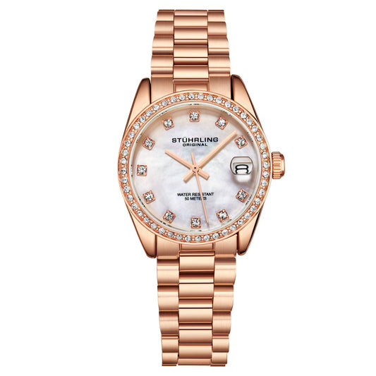 Stuhrling Original Lineage Women's Quartz Watch, 31mm, Silver Mother-of-Pearl Dial, Rose Gold-Tone Bracelet, Crystal-Accented Bezel