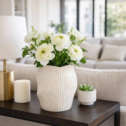 Decorative Vase - Beige Ceramic Chiseled Textured, 11 in.
