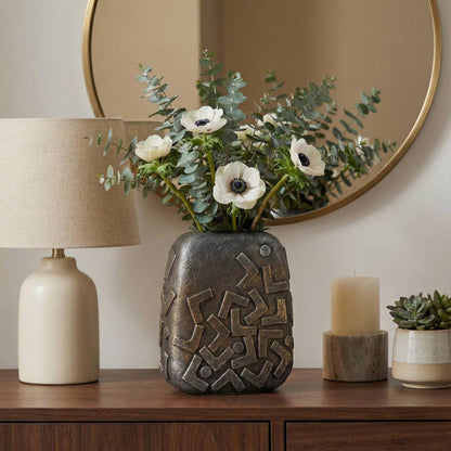 Decorative Vase - Bronze Ceramic Geometric Textured, 13 in.
