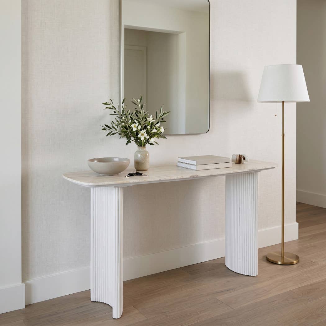 Console Table - Tan Wood Fluted Travertine For Entryway,60in