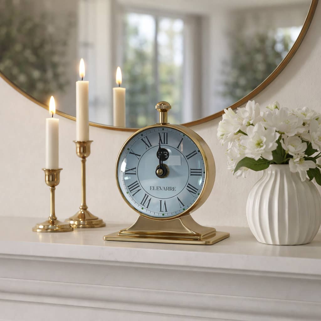 Desk Clock - Gold Metal Double-Sided Compass Back, 7 in.