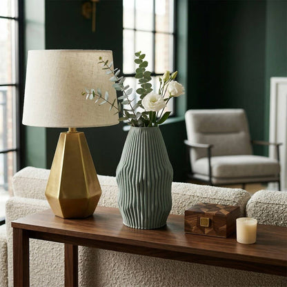 Decorative Vase - Green Ceramic Large Tall Ribbed 3D, 12 in.