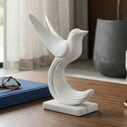 Sculpture - White Marble Decorative Bird with Base, 11 in.