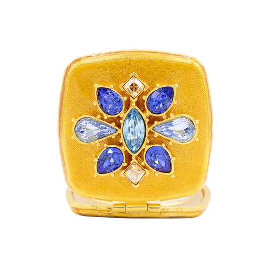 Jay Strongwater Luella 2" Square Jeweled Compact Mirror, Austrian Crystal Gold-Finished Delft Garden