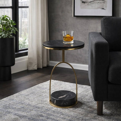 Side Table - Black Marble Top On Lower Storage Base, 23 in.
