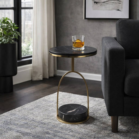 Side Table - Black Marble Top On Lower Storage Base, 23 in.