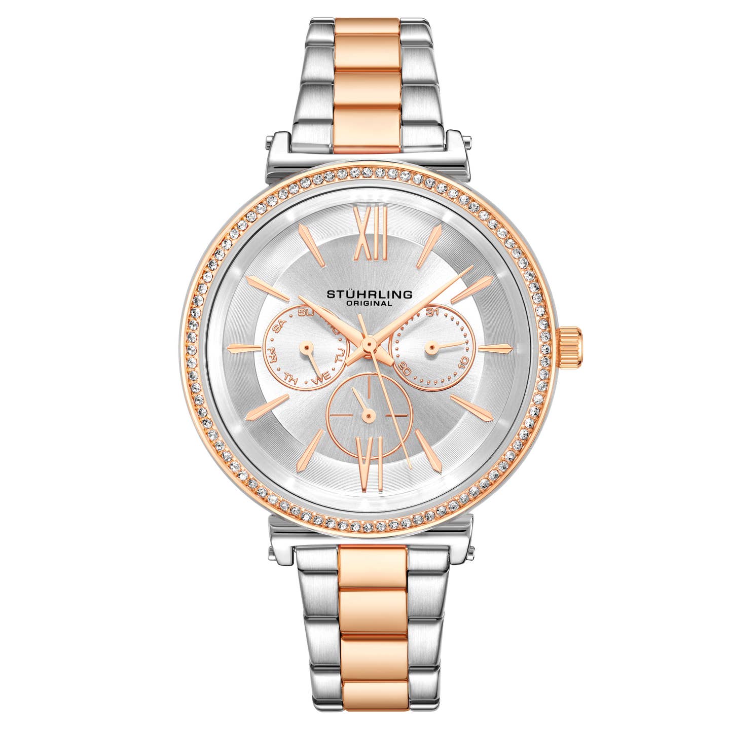 Stuhrling Original Aria 3908 Women's Quartz Watch, 40mm, Silver Dial, Two-Tone Rose Gold & Silver Bracelet, Multifunction Display