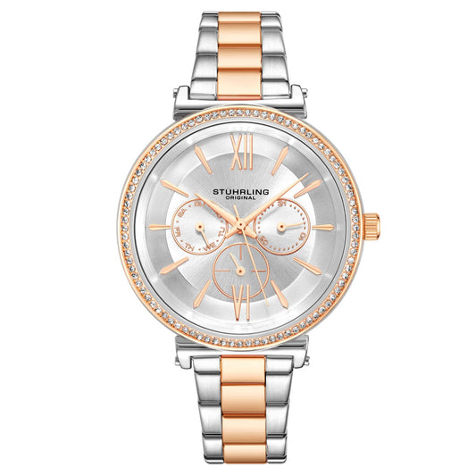 Stuhrling Original Aria 3908 Women's Quartz Watch, 40mm, Silver Dial, Two-Tone Rose Gold & Silver Bracelet, Multifunction Display
